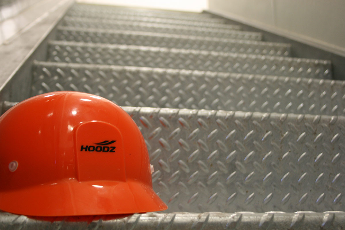 HOODZ hard hat on steps